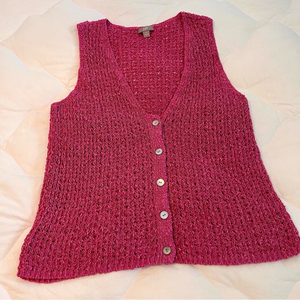 J. JILL Cotton/Linen Cardigan Vest. Mother of Pearl Buttons. Raspberry/Plum.